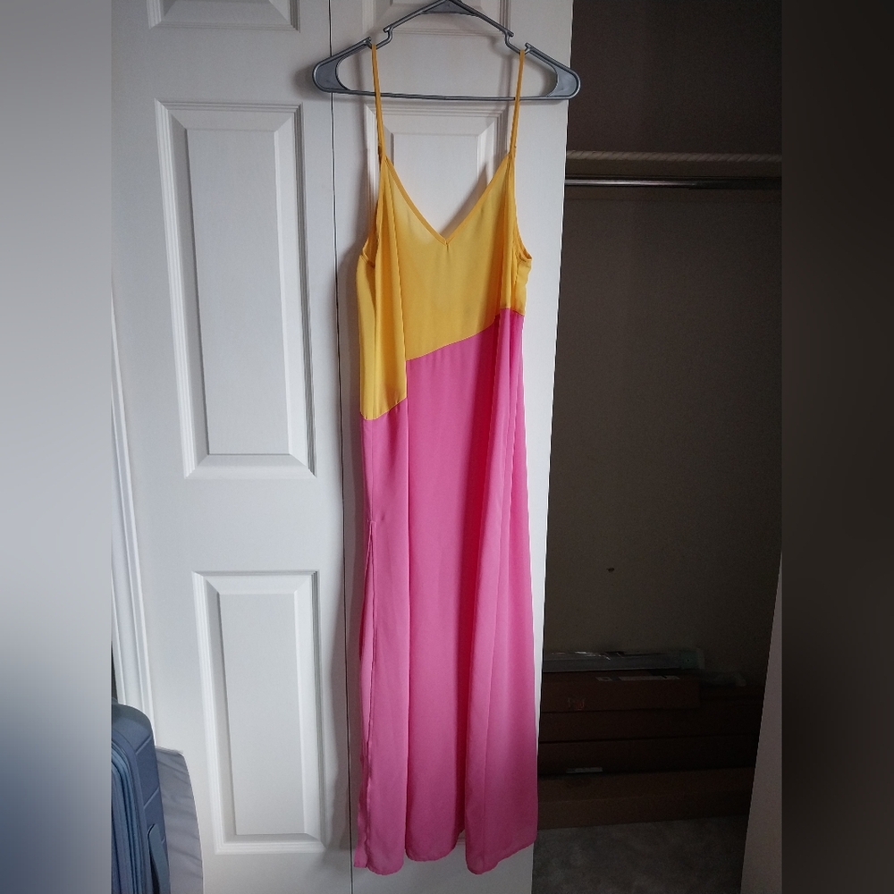 Lulus Seaside Retreat Mustard Yellow and Pink Maxi Cover-Up, Size Medium